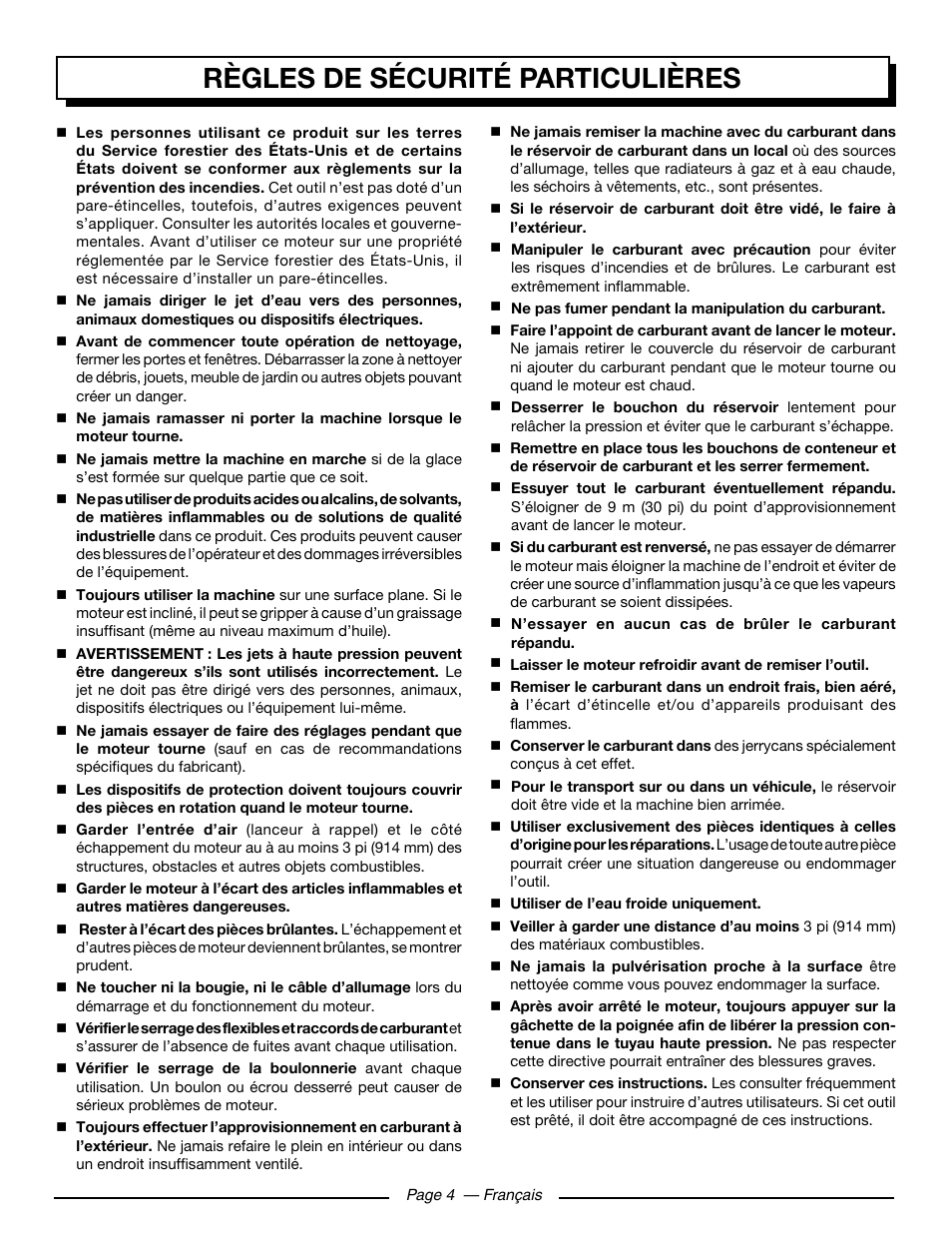 Règles de sécurité particulières | Homelite HL252300 User Manual | Page 25 / 54