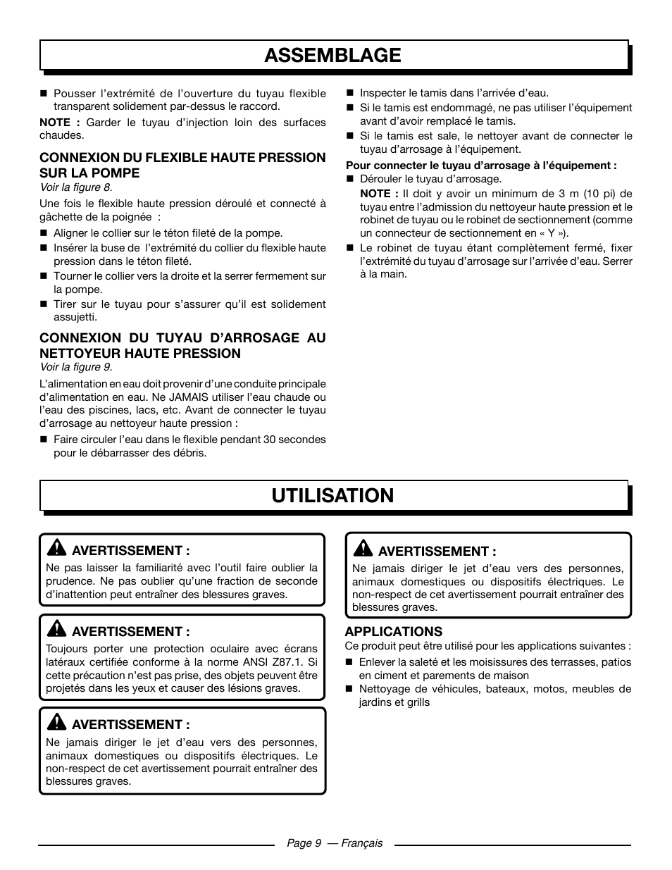 Assemblage, Utilisation | Homelite HL252300 User Manual | Page 30 / 54