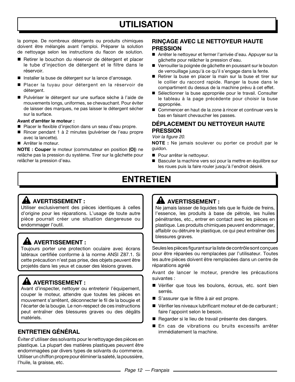 Entretien, Utilisation | Homelite HL252300 User Manual | Page 33 / 54