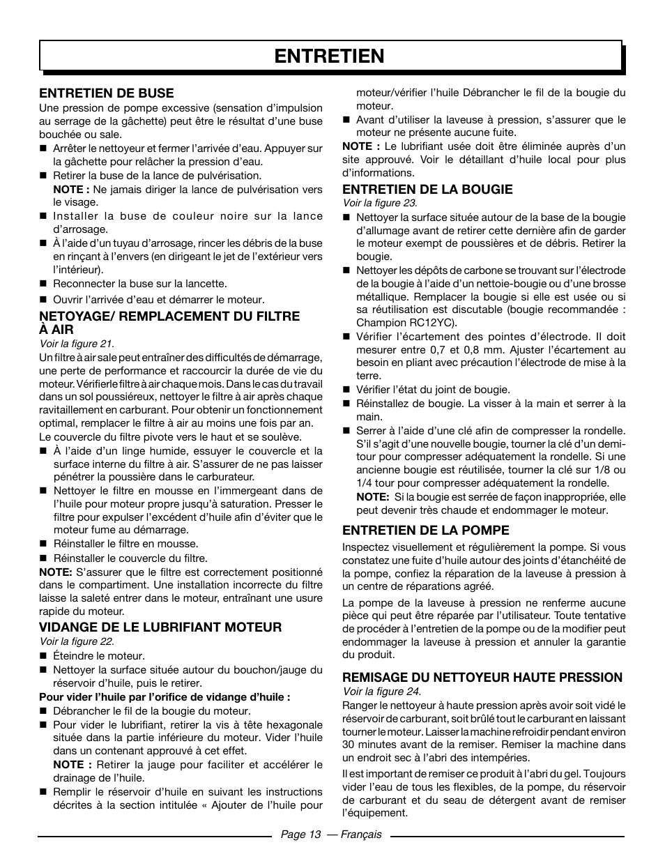 Entretien | Homelite HL252300 User Manual | Page 34 / 54