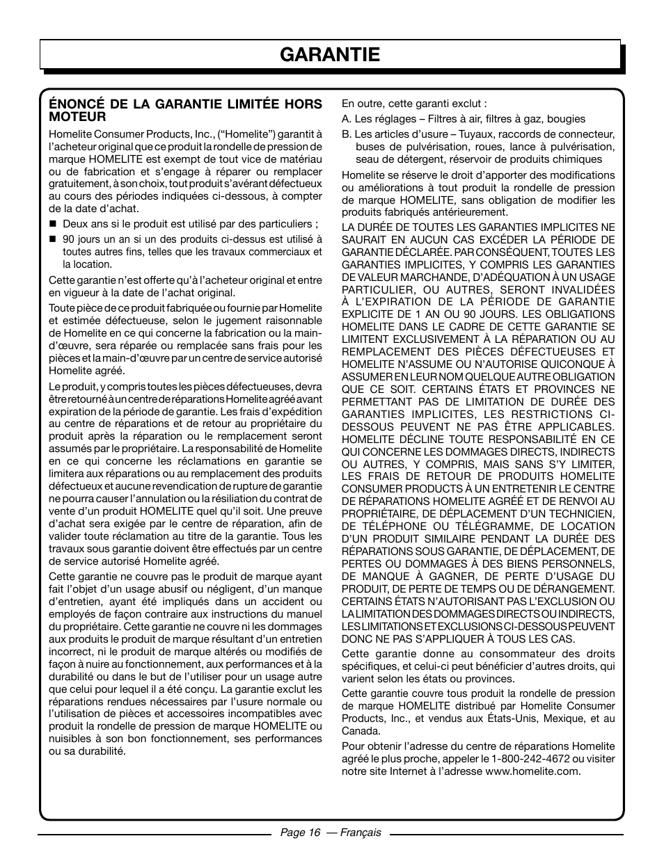 Garantie | Homelite HL252300 User Manual | Page 37 / 54