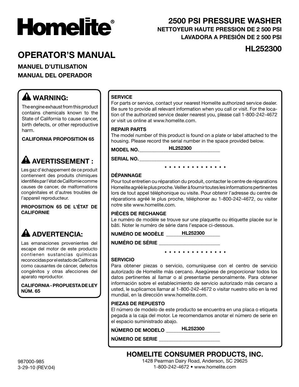 Operator’s manual, 2500 psi pressure washer, Homelite consumer products, inc | Warning, Avertissement, Advertencia | Homelite HL252300 User Manual | Page 54 / 54