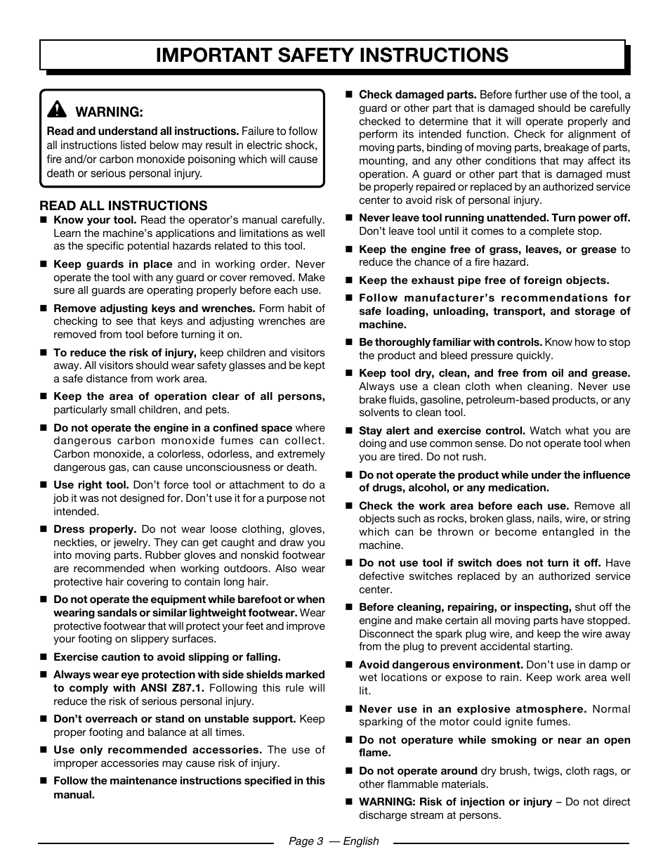 Important safety instructions, Warning | Homelite HL252300 User Manual | Page 9 / 54