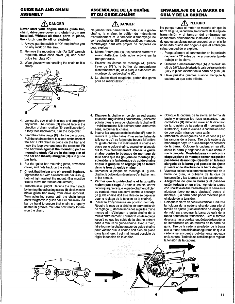 Guide bar and chain assembly, Assemblage de la chaîne et du guide-chaîne, Ensamblaje de la barra de guia y de la cadena | Homelite UH10817 User Manual | Page 11 / 43
