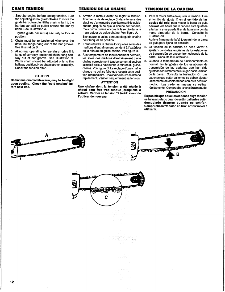 Chain tension, Tension pe la chaine, Tension pe la cadena | Tension de la chaîne, Tensión de la cadena | Homelite UH10817 User Manual | Page 12 / 43