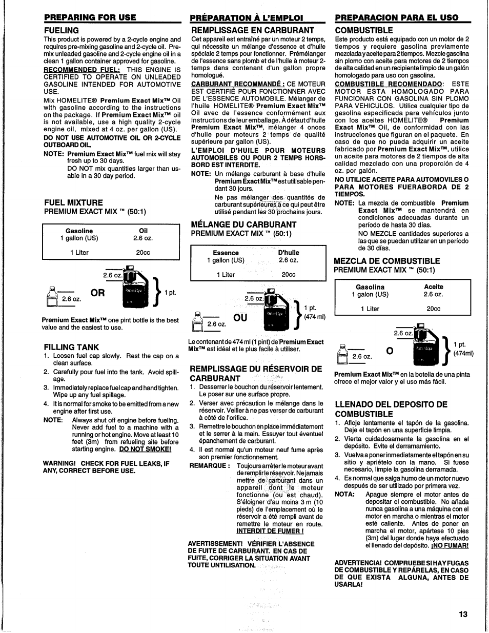 Preparing for use, Preparation a uemplol, Preparacion para el uso | Homelite UH10817 User Manual | Page 13 / 43