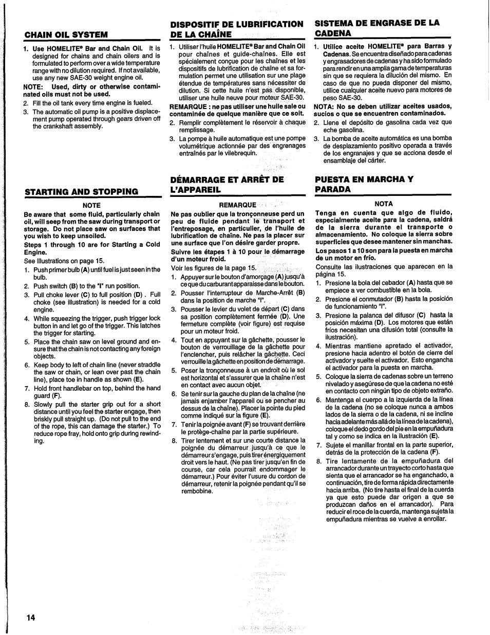 Chain oil system, Starting and stopping, Dispositif de lubrification de la chaîne | Démarrage et arrêt de l’appareil, Sistema de engrase de la cadena, Puesta en marcha y parada, Chain oil system starting and stopping | Homelite UH10817 User Manual | Page 14 / 43