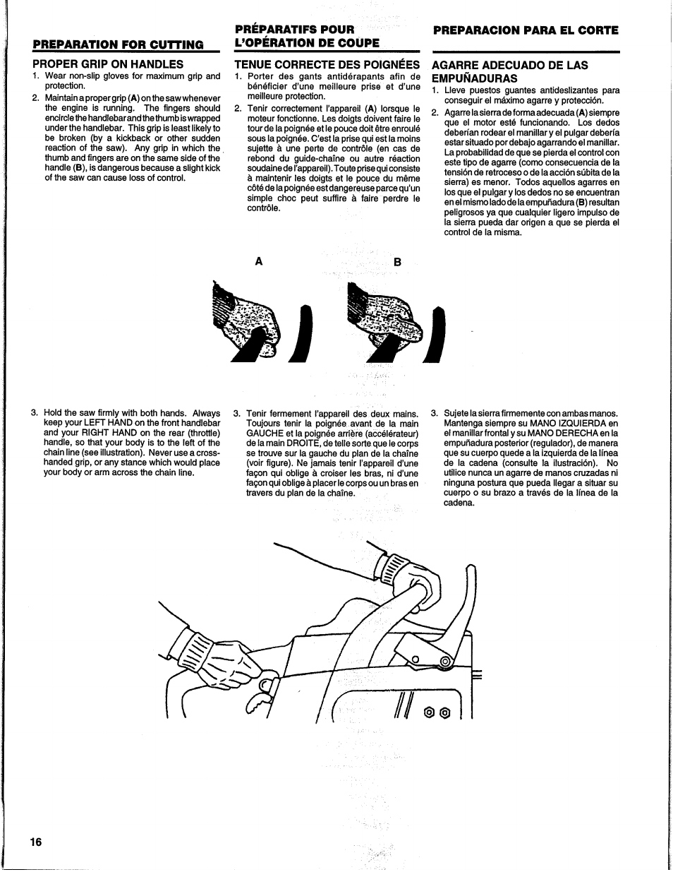 Preparation for cutting, Preparatifs pour l’opération de coupe, Préparatifs pour l’opération découpé | Preparacion para el corte | Homelite UH10817 User Manual | Page 16 / 43