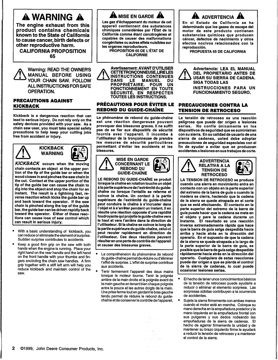 Precautions against kickback, Précautions pour éviter le rebond du guipe-chaine, Precauciones contra la tension pe retroceso | A warning a | Homelite UH10817 User Manual | Page 2 / 43