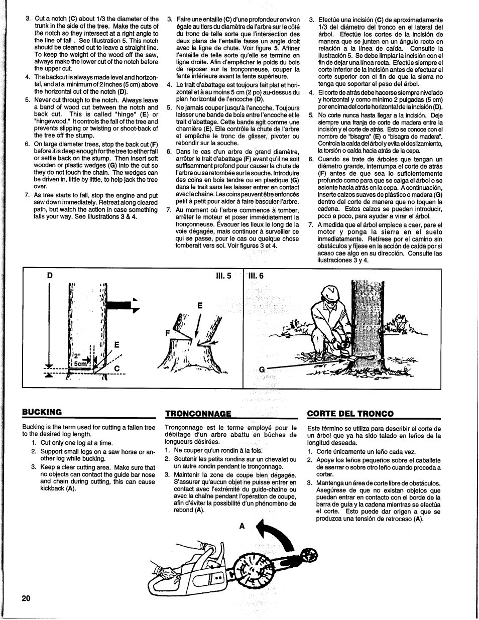 Bucking, Tronçonnage, Corte del tronco | Homelite UH10817 User Manual | Page 20 / 43