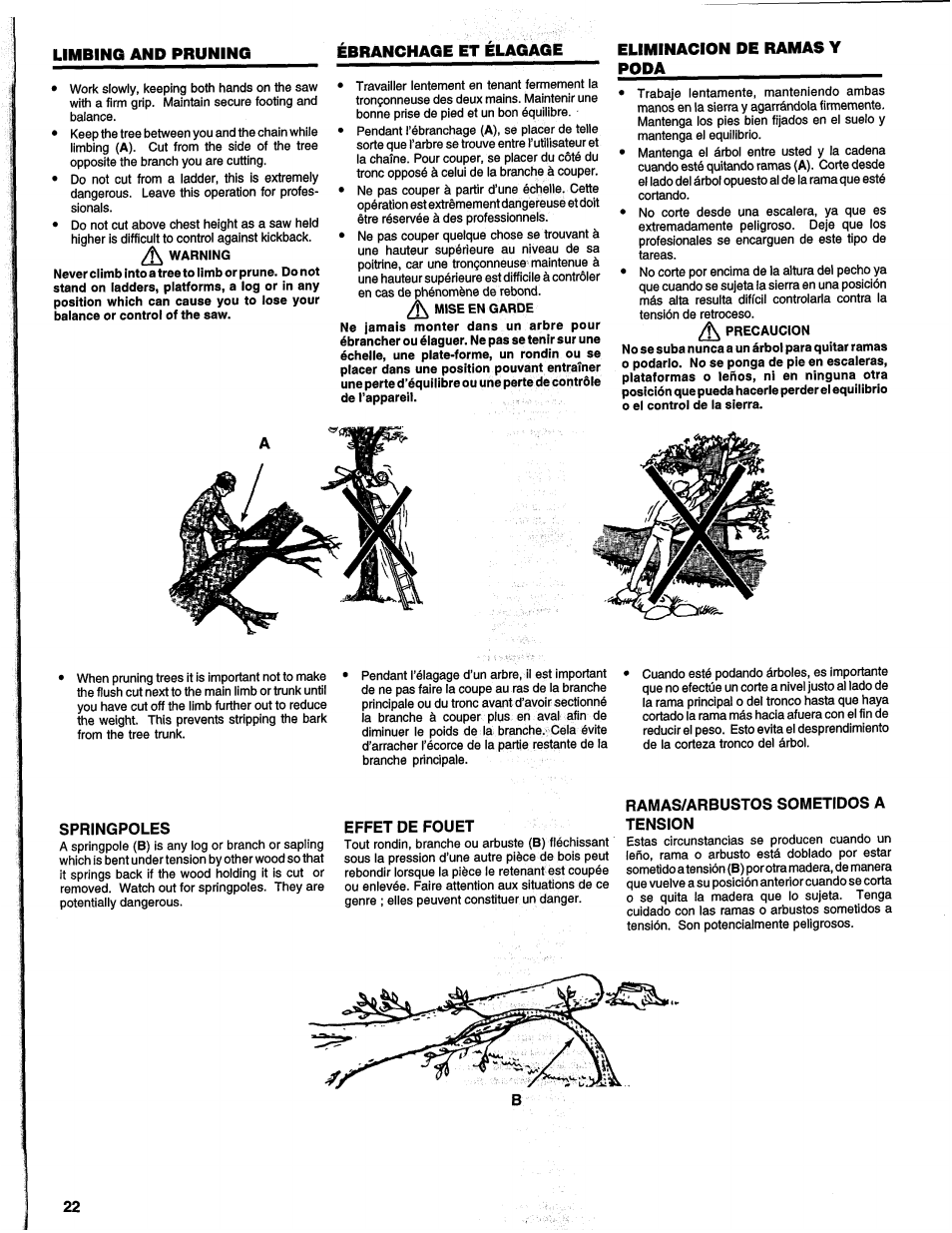 Limbing and pruning, Ebranchage et elagage, Eliminacion de ramas y poda | Ébranchage et élagage, Eliminación de ramas y poda | Homelite UH10817 User Manual | Page 22 / 43