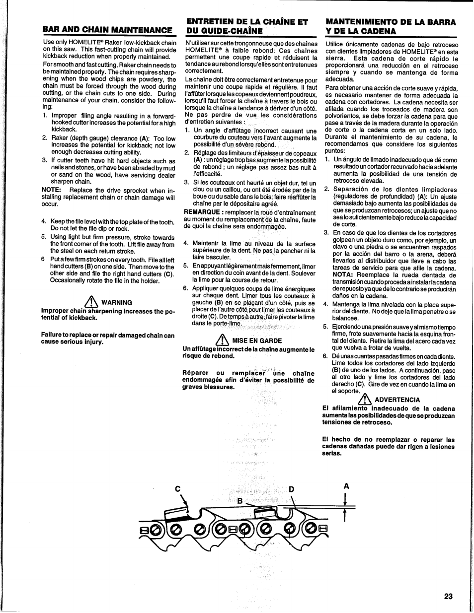 Bar and chain maintenance, Entretien de la chaine et, Mantenimiento de la barra y de la cadena | Homelite UH10817 User Manual | Page 23 / 43