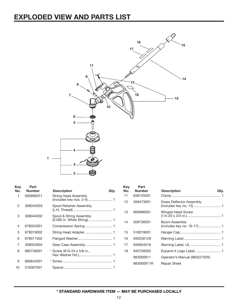 Exploded view and parts list | Homelite Expand-it UT15522F User Manual | Page 12 / 14