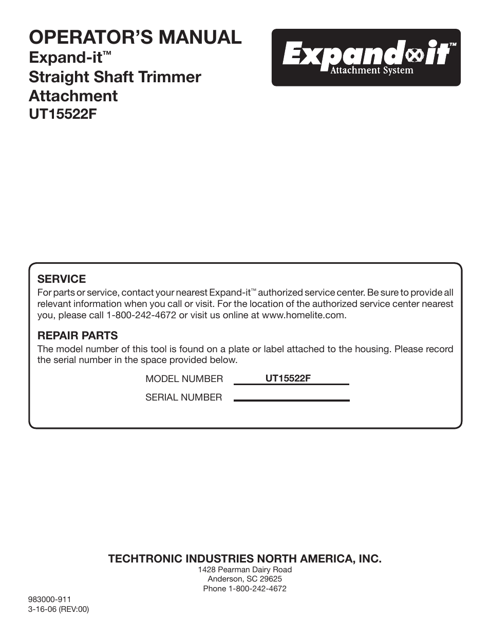 Operator’s manual, Expand-it, Straight shaft trimmer attachment | Homelite Expand-it UT15522F User Manual | Page 14 / 14