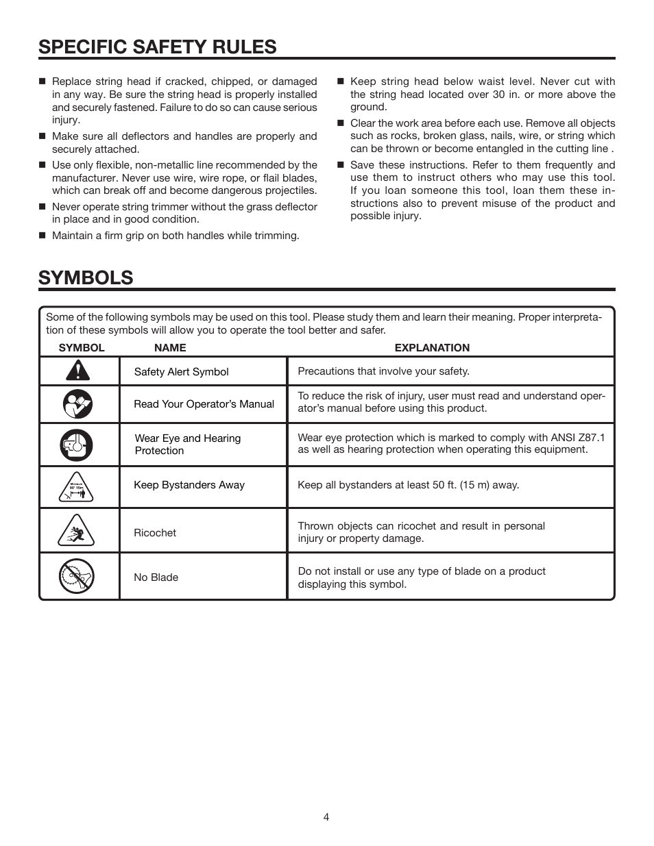 Symbols, Specific safety rules | Homelite Expand-it UT15522F User Manual | Page 4 / 14