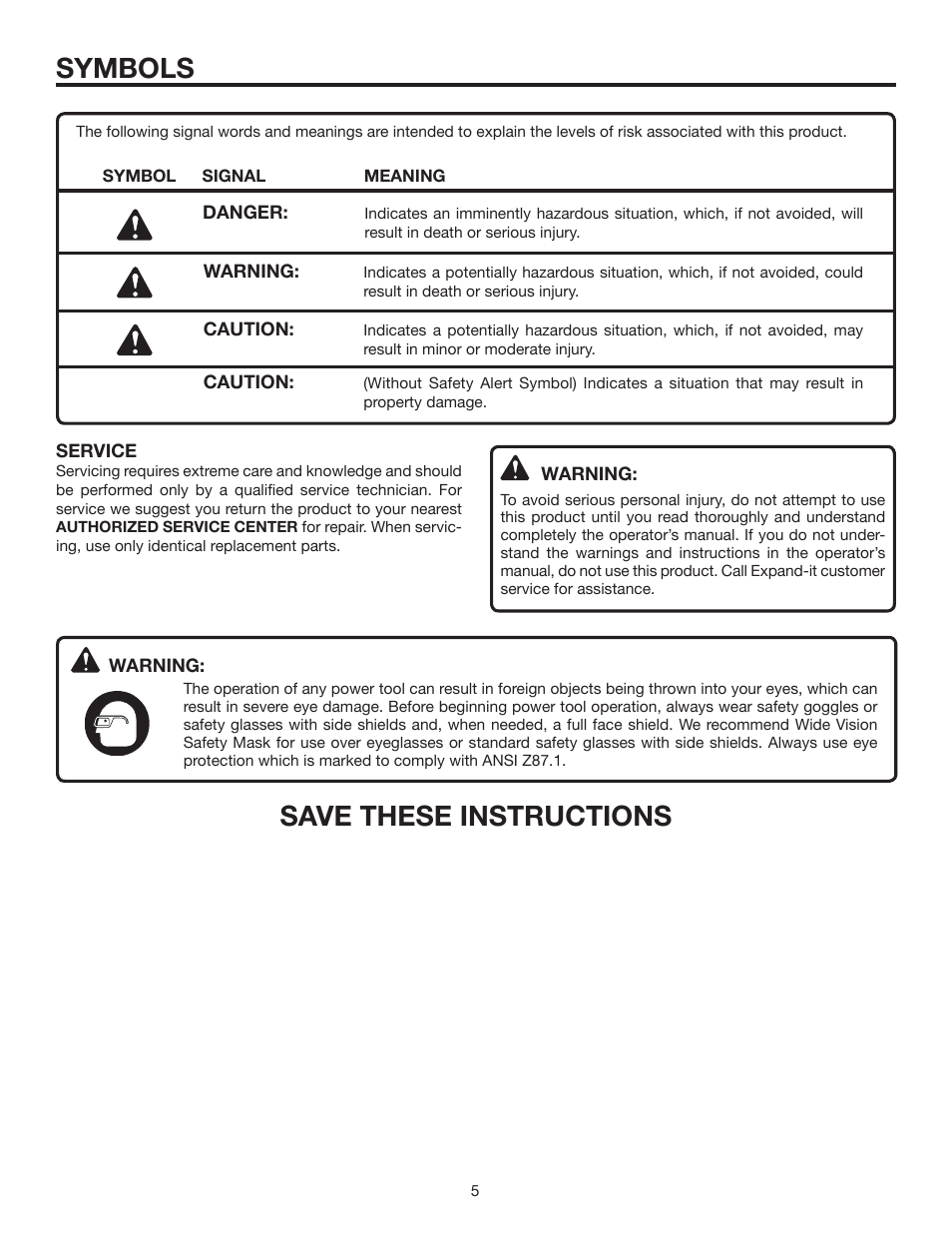 Save these instructions, Symbols | Homelite Expand-it UT15522F User Manual | Page 5 / 14