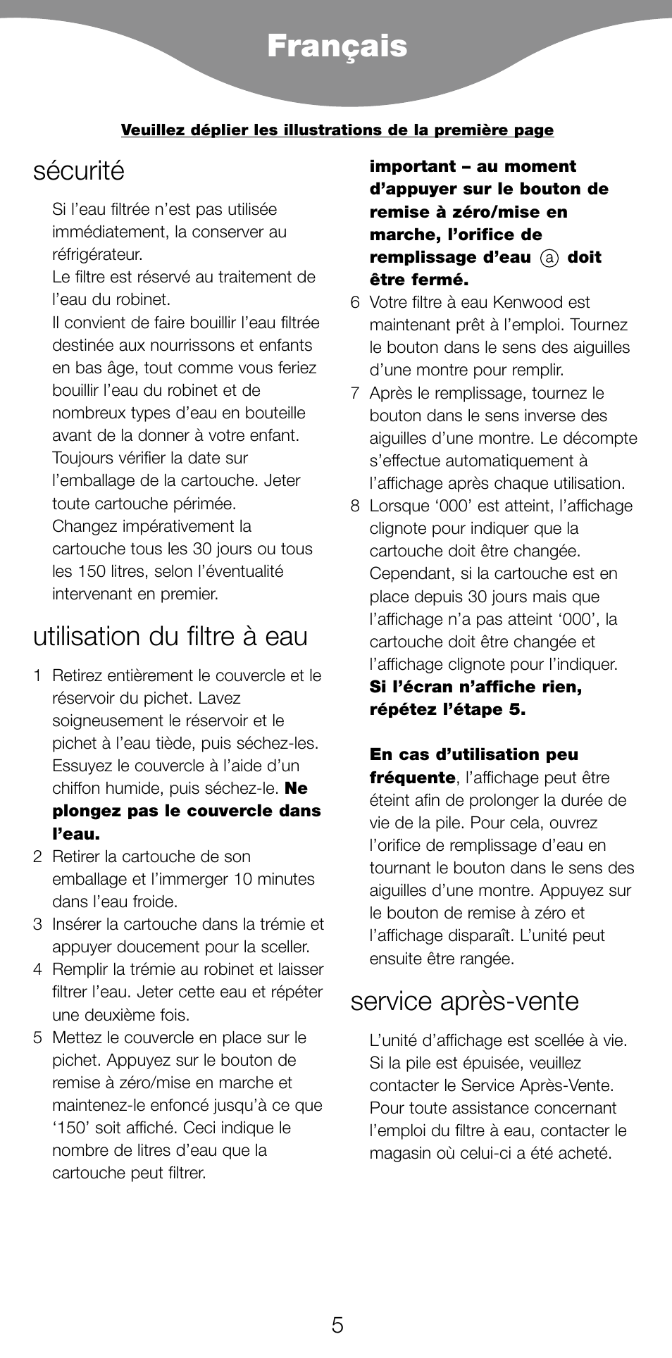 Français, Sécurité, Utilisation du filtre à eau | Service après-vente | Kenwood WF97 User Manual | Page 8 / 27