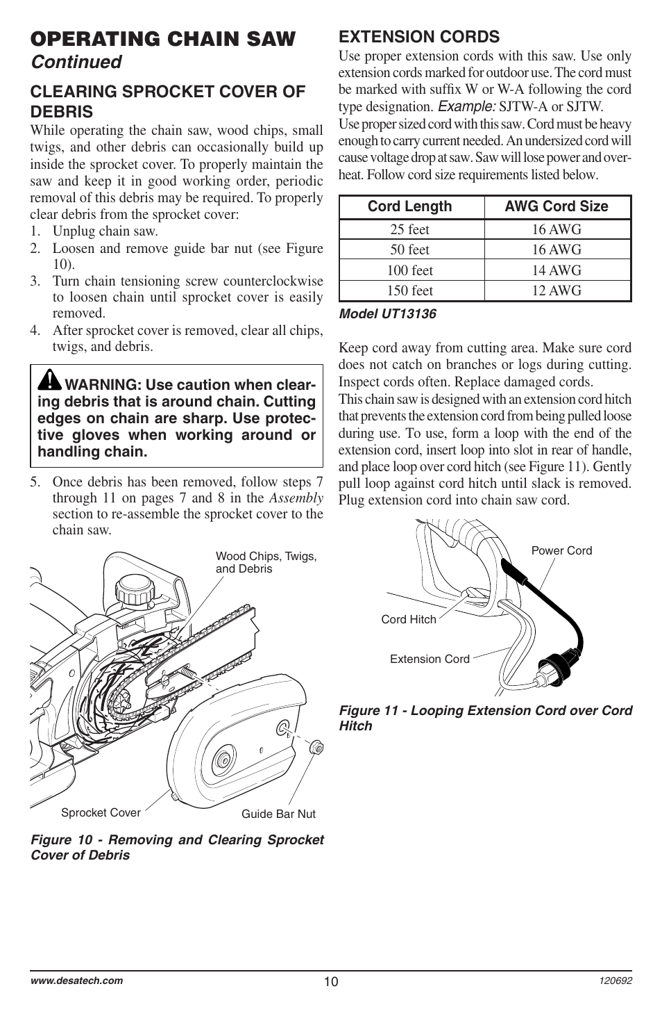 Operating chain saw, Continued, Extension cords | Clearing sprocket cover of debris | Homelite UT13136 User Manual | Page 10 / 68