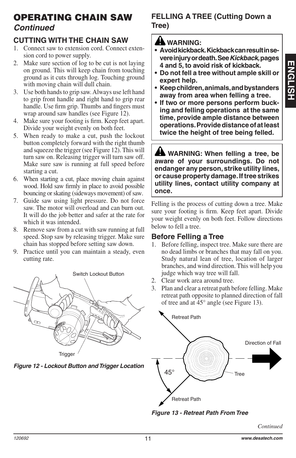 English, Operating chain saw, Continued | Homelite UT13136 User Manual | Page 11 / 68