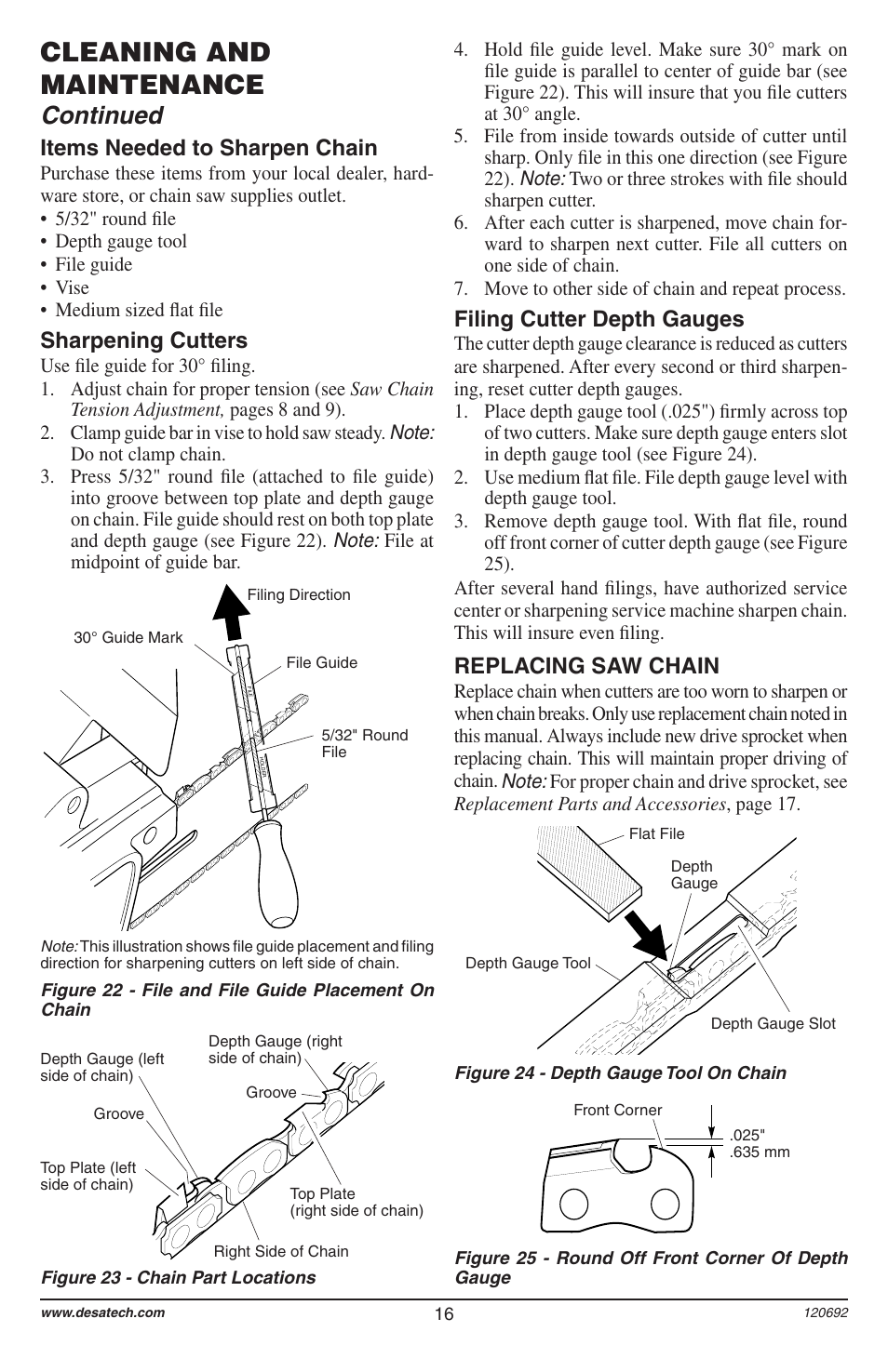 Cleaning and maintenance, Continued, Filing cutter depth gauges | Replacing saw chain, Items needed to sharpen chain, Sharpening cutters | Homelite UT13136 User Manual | Page 16 / 68