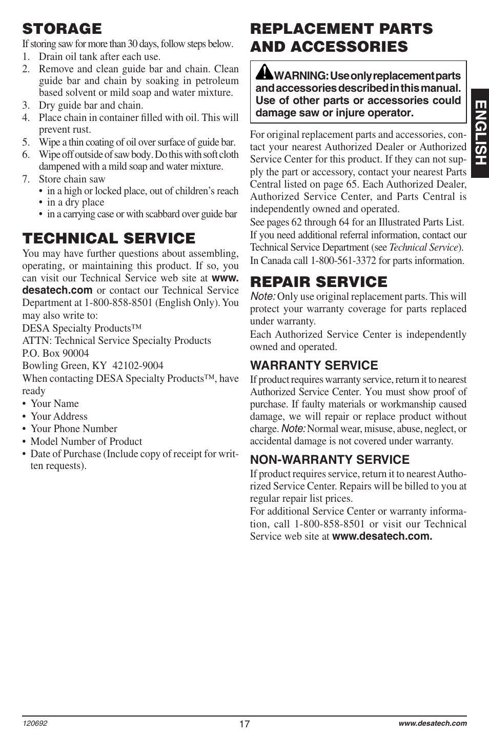 English storage, Technical service, Replacement parts and accessories | Repair service | Homelite UT13136 User Manual | Page 17 / 68