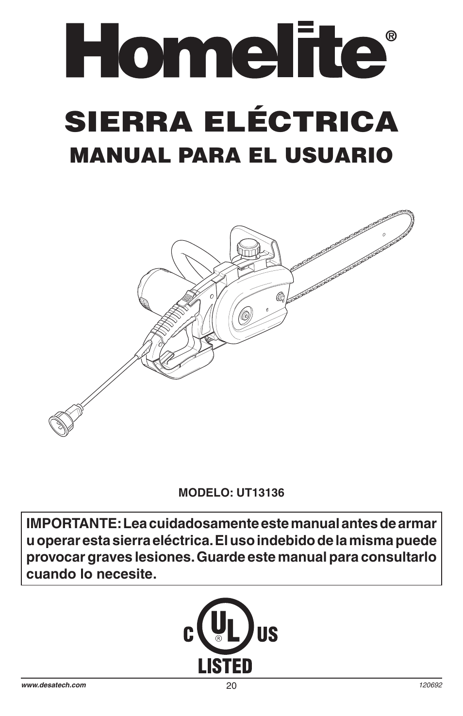 Sierra eléctrica, Manual para el usuario | Homelite UT13136 User Manual | Page 20 / 68