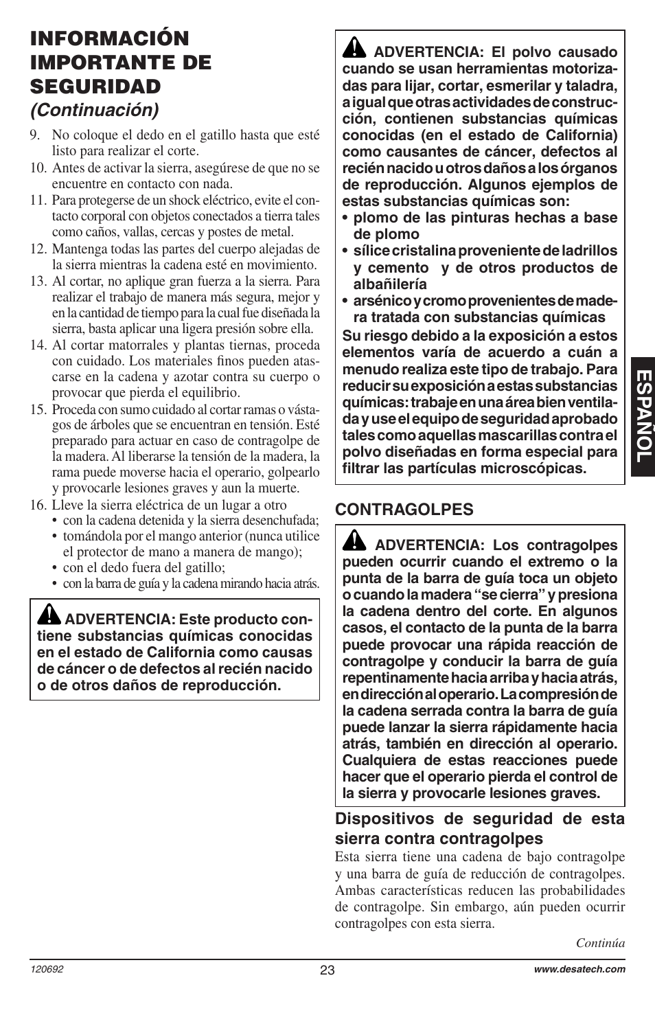 Esp añol, Información importante de seguridad, Continuación) | Homelite UT13136 User Manual | Page 23 / 68