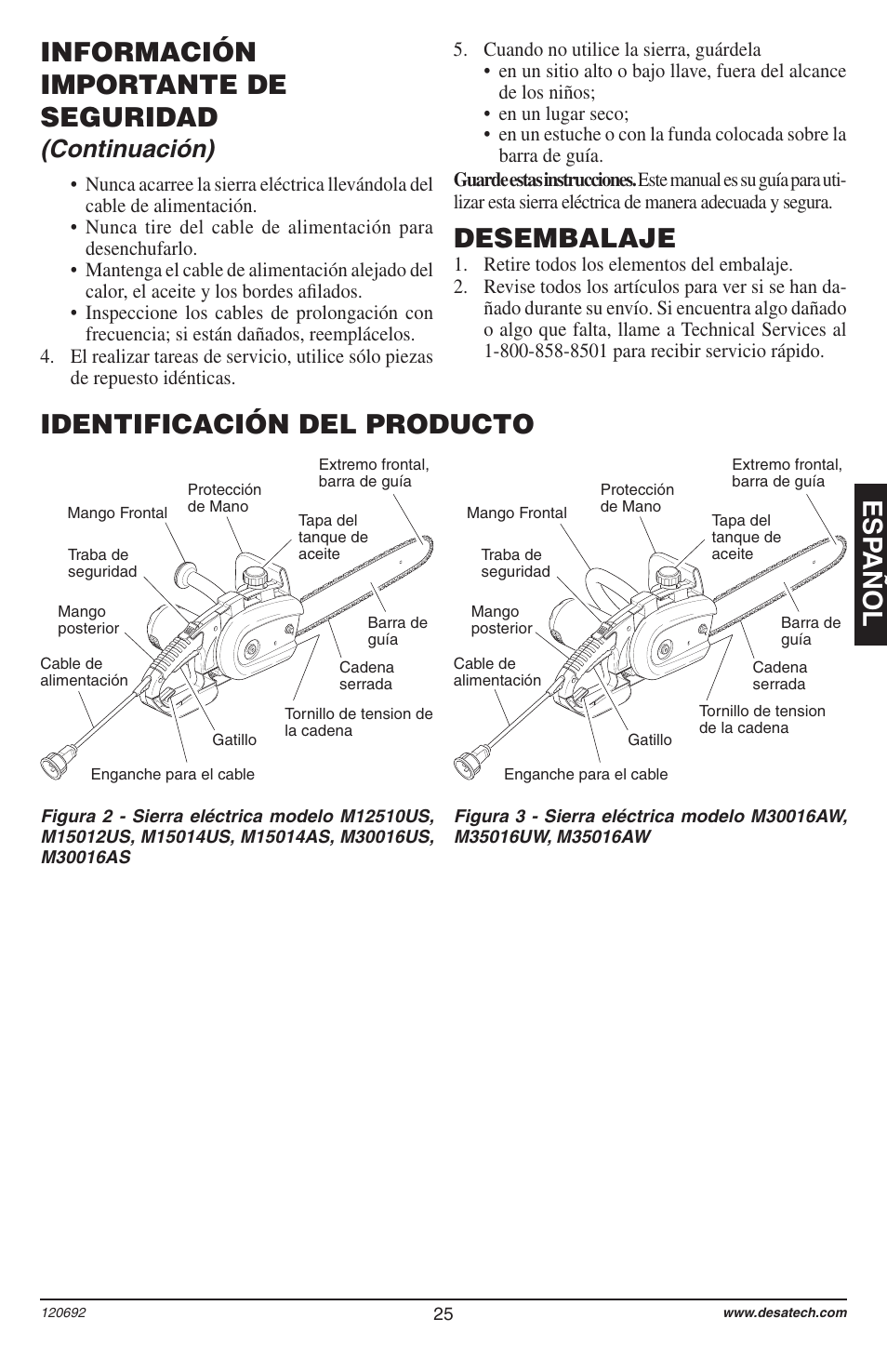 Esp añol, Información importante de seguridad desembalaje, Identificación del producto | Continuación) | Homelite UT13136 User Manual | Page 25 / 68