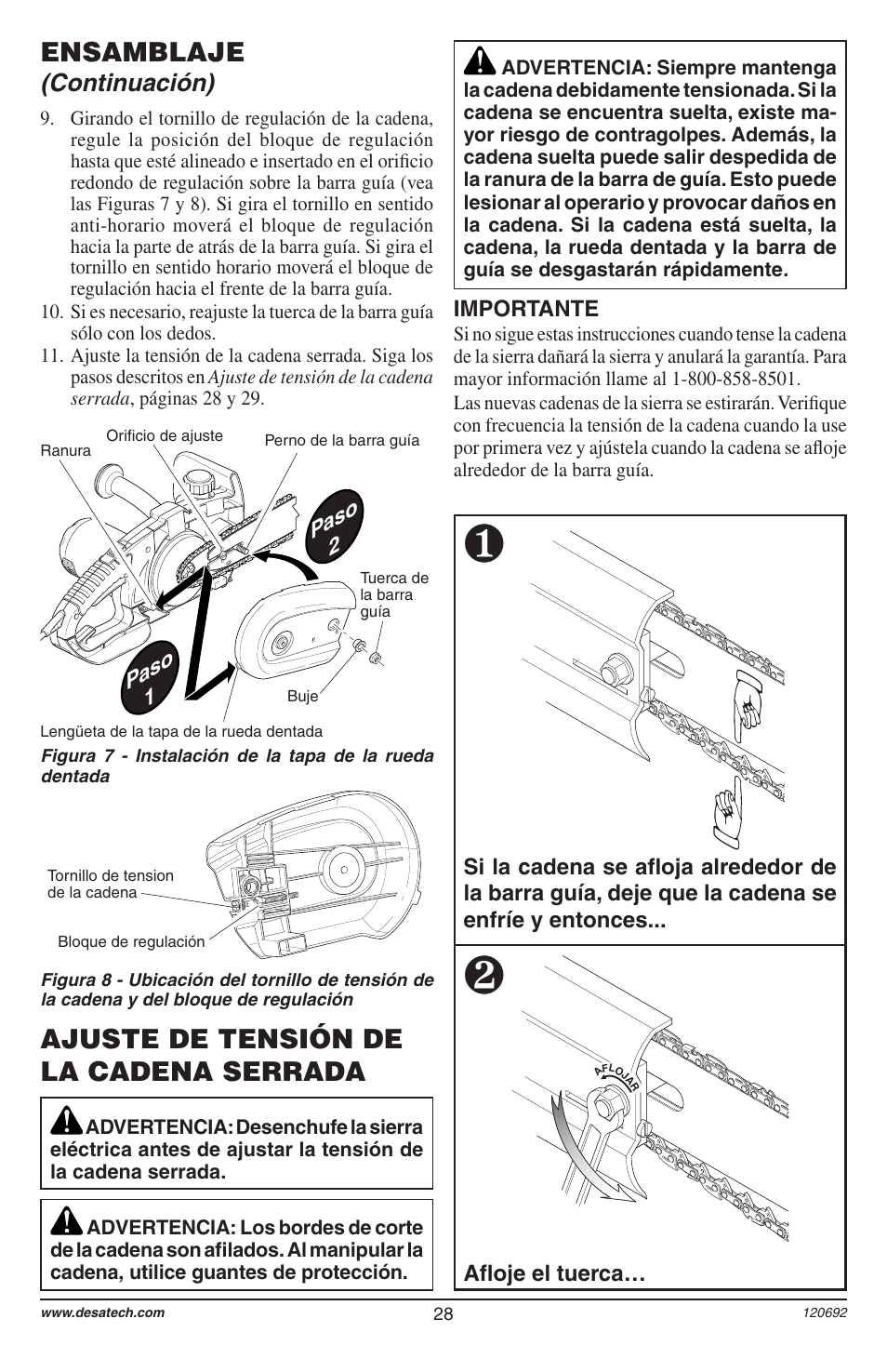 Ajuste de tensión de la cadena serrada, Ensamblaje, Continuación) | Homelite UT13136 User Manual | Page 28 / 68