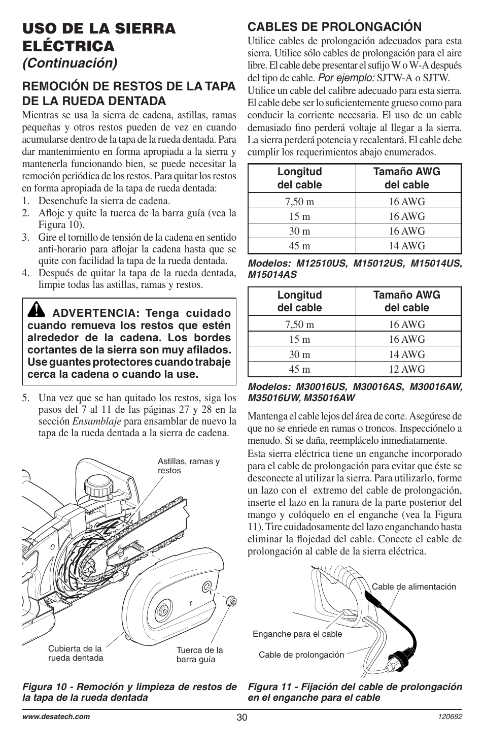 Uso de la sierra eléctrica, Continuación), Cables de prolongación | Remoción de restos de la tapa de la rueda dentada | Homelite UT13136 User Manual | Page 30 / 68