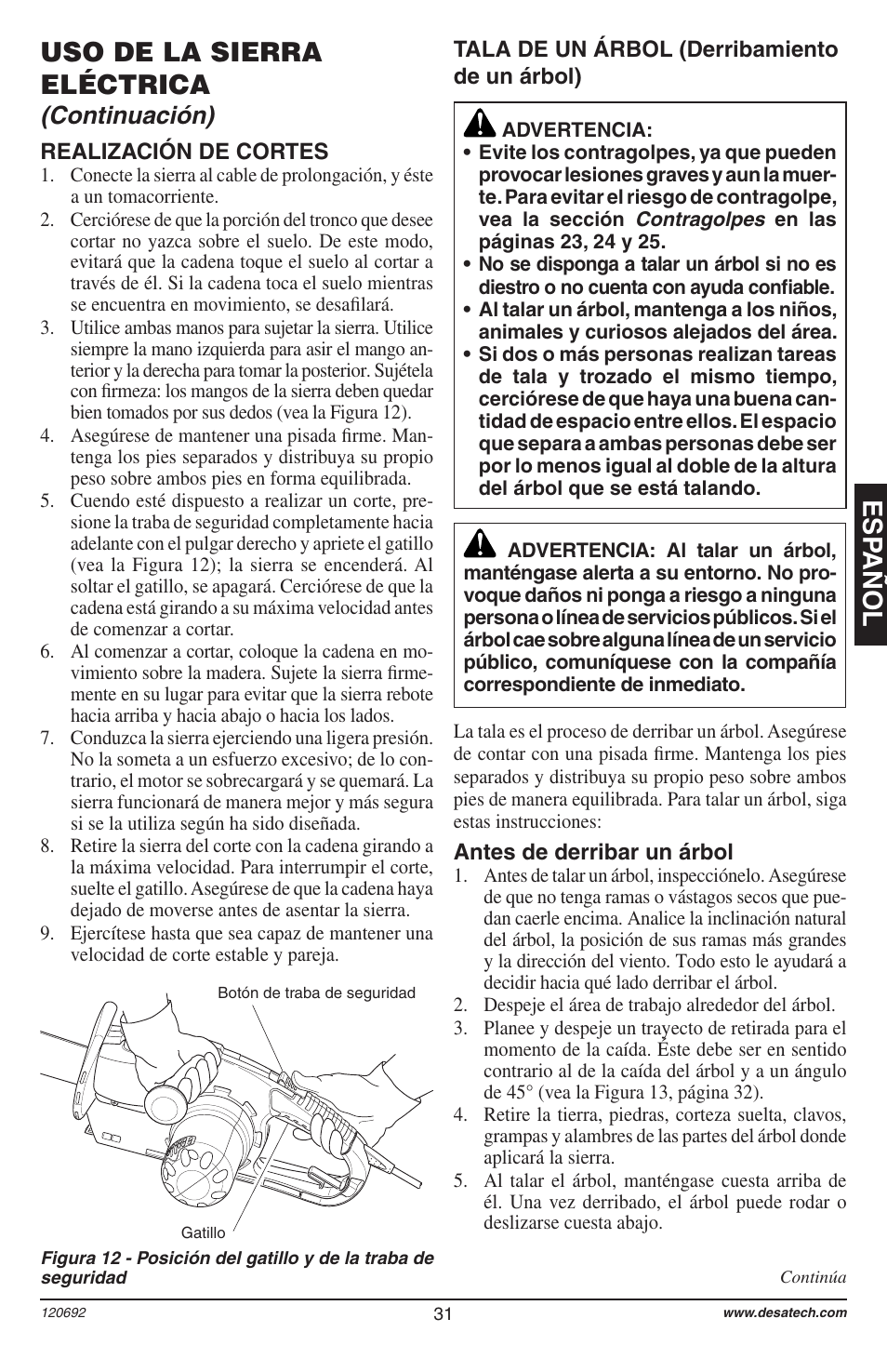 Esp añol uso de la sierra eléctrica, Continuación) | Homelite UT13136 User Manual | Page 31 / 68