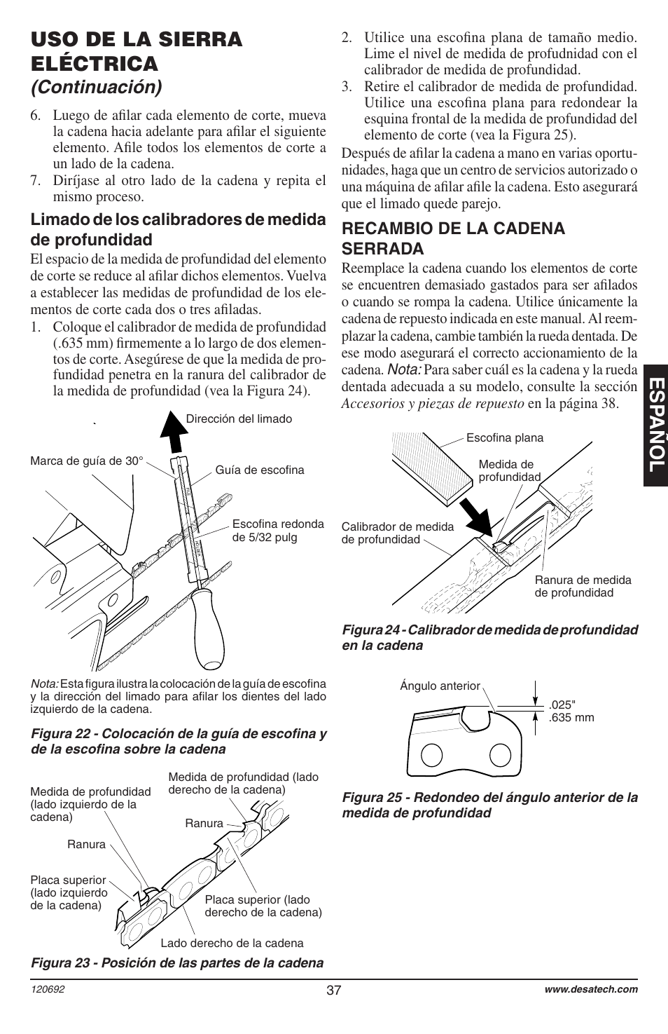 Esp añol, Uso de la sierra eléctrica, Continuación) | Recambio de la cadena serrada | Homelite UT13136 User Manual | Page 37 / 68