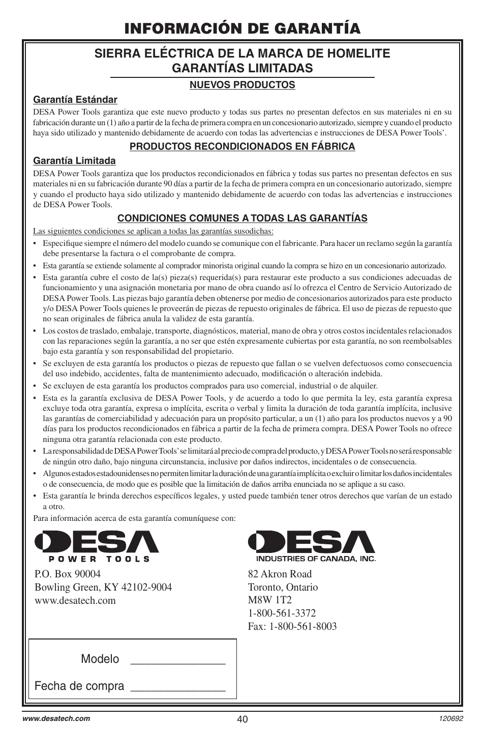 Información de garantía, Modelo ______________ fecha de compra | Homelite UT13136 User Manual | Page 40 / 68