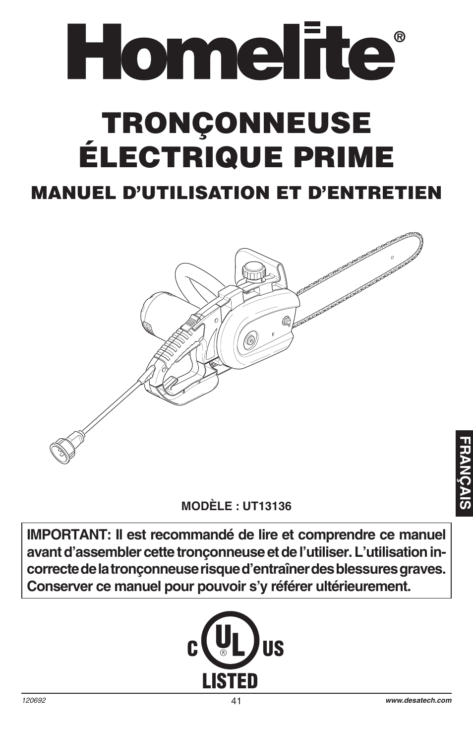 Tronçonneuse électrique prime, Manuel d’utilisation et d’entretien | Homelite UT13136 User Manual | Page 41 / 68