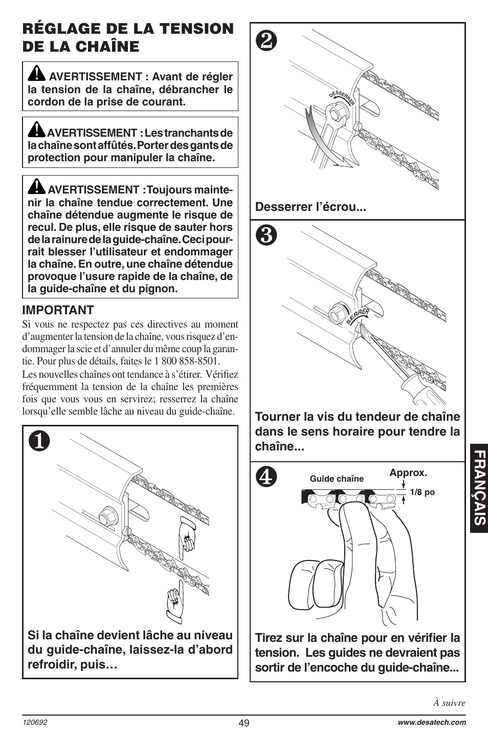 Français réglage de la tension de la chaîne | Homelite UT13136 User Manual | Page 49 / 68