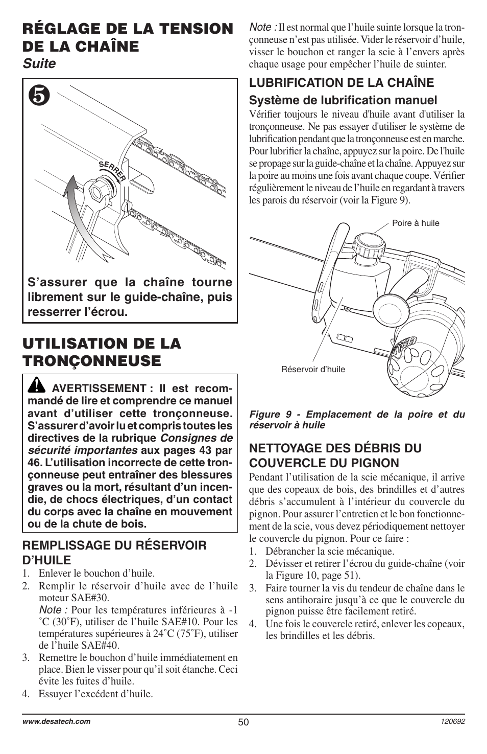 Réglage de la tension de la chaîne, Utilisation de la tronçonneuse, Suite | Homelite UT13136 User Manual | Page 50 / 68