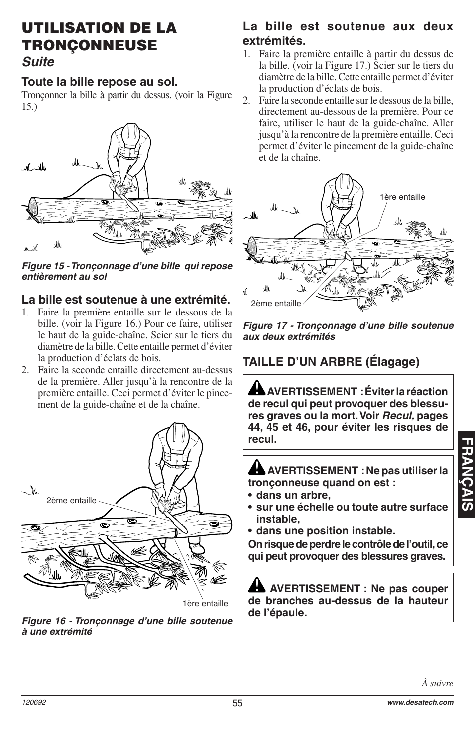 Français utilisation de la tronçonneuse, Suite | Homelite UT13136 User Manual | Page 55 / 68