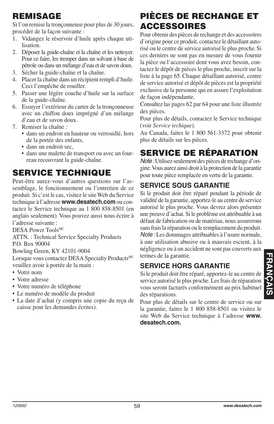 Français remisage, Service de réparation, Service technique | Pièces de rechange et accessoires | Homelite UT13136 User Manual | Page 59 / 68