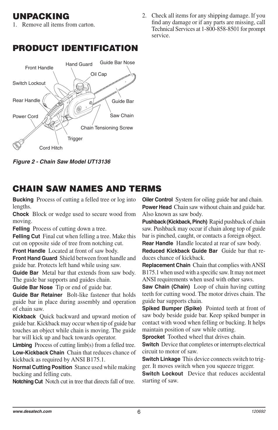 Product identification unpacking, Chain saw names and terms | Homelite UT13136 User Manual | Page 6 / 68