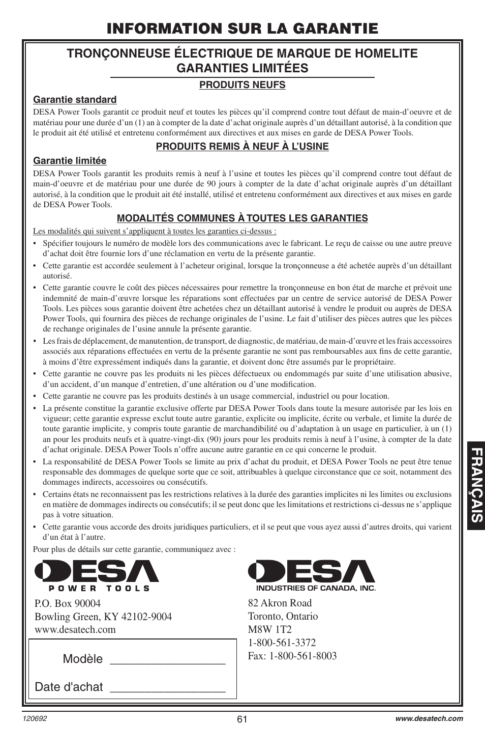 Français, Information sur la garantie, Modèle _________________ date d'achat | Homelite UT13136 User Manual | Page 61 / 68