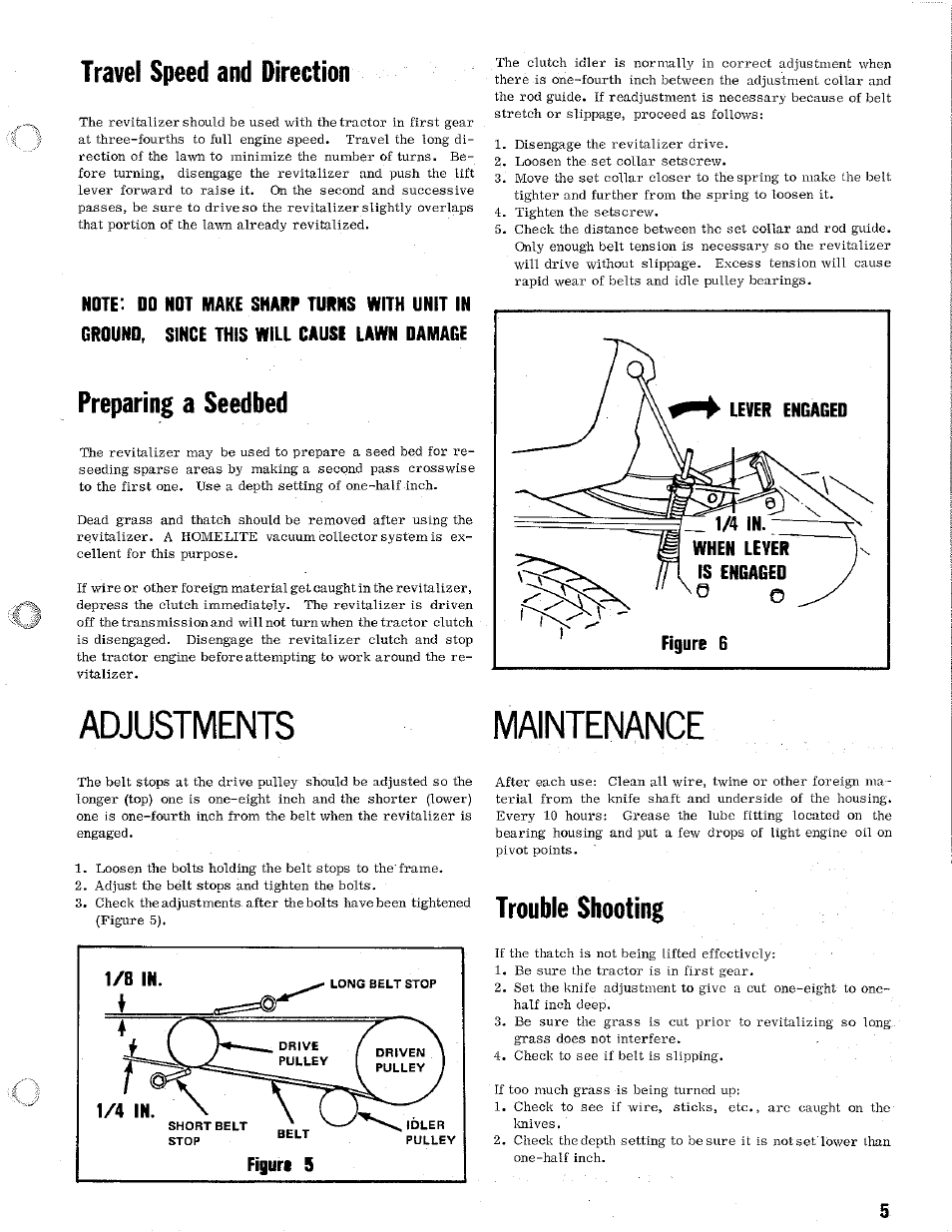 Travel speed and direction, Preparing a seedbed, Adjustments | Maintenance, Trouble shooting, Adjustments maintenance | Homelite T-8 User Manual | Page 5 / 8