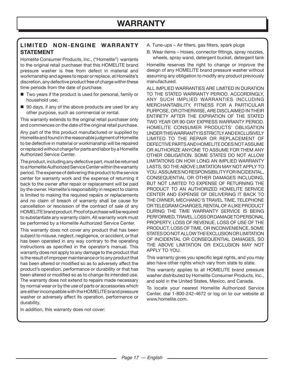 Warranty | Homelite UT80516 User Manual | Page 21 / 56