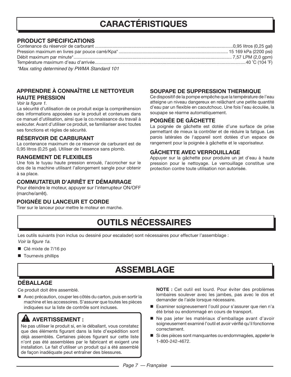 Caractéristiques, Outils nécessaires, Assemblage | Homelite UT80516 User Manual | Page 27 / 56