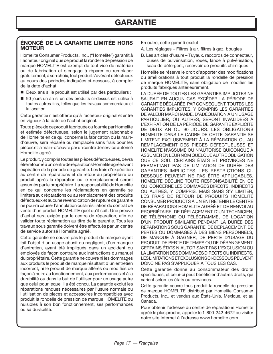 Garantie | Homelite UT80516 User Manual | Page 37 / 56