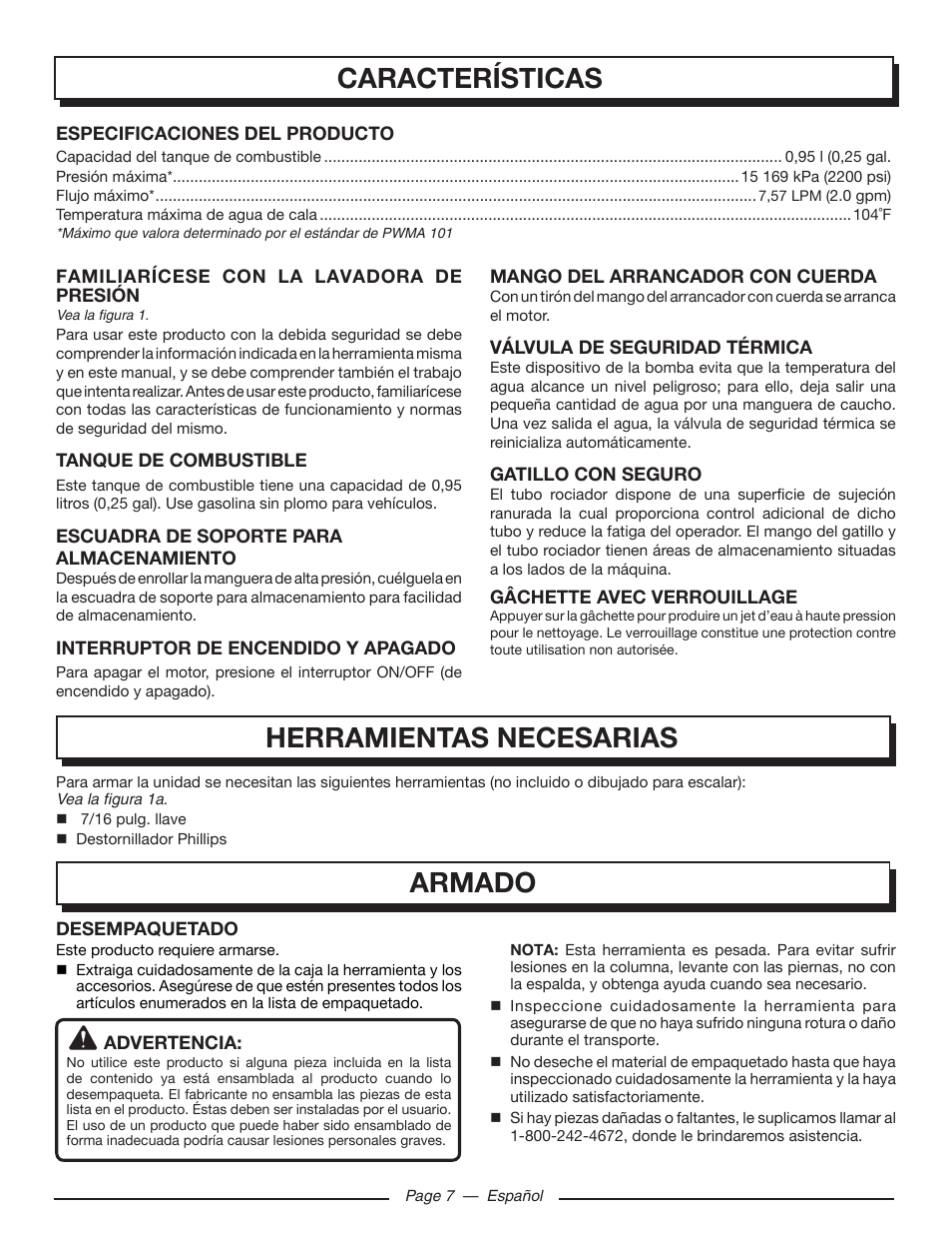 Características, Herramientas necesarias armado | Homelite UT80516 User Manual | Page 43 / 56