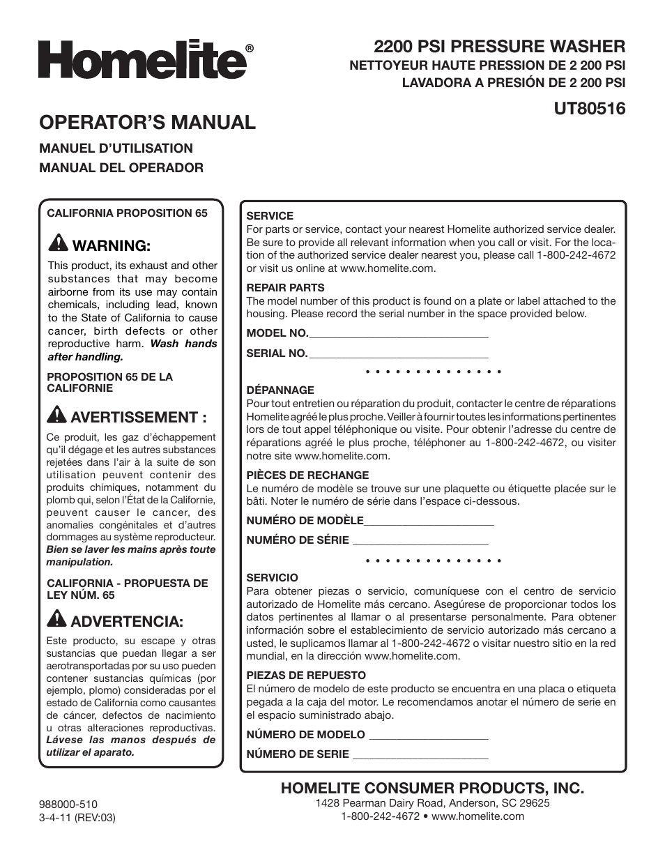 Operator’s manual, 2200 psi pressure washer, Homelite consumer products, inc | Warning, Avertissement, Advertencia | Homelite UT80516 User Manual | Page 56 / 56