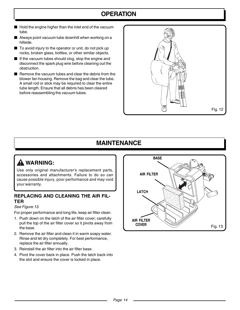 Maintenance, Operation, Warning | Homelite VAC ATTACK II UT08932 User Manual | Page 14 / 20