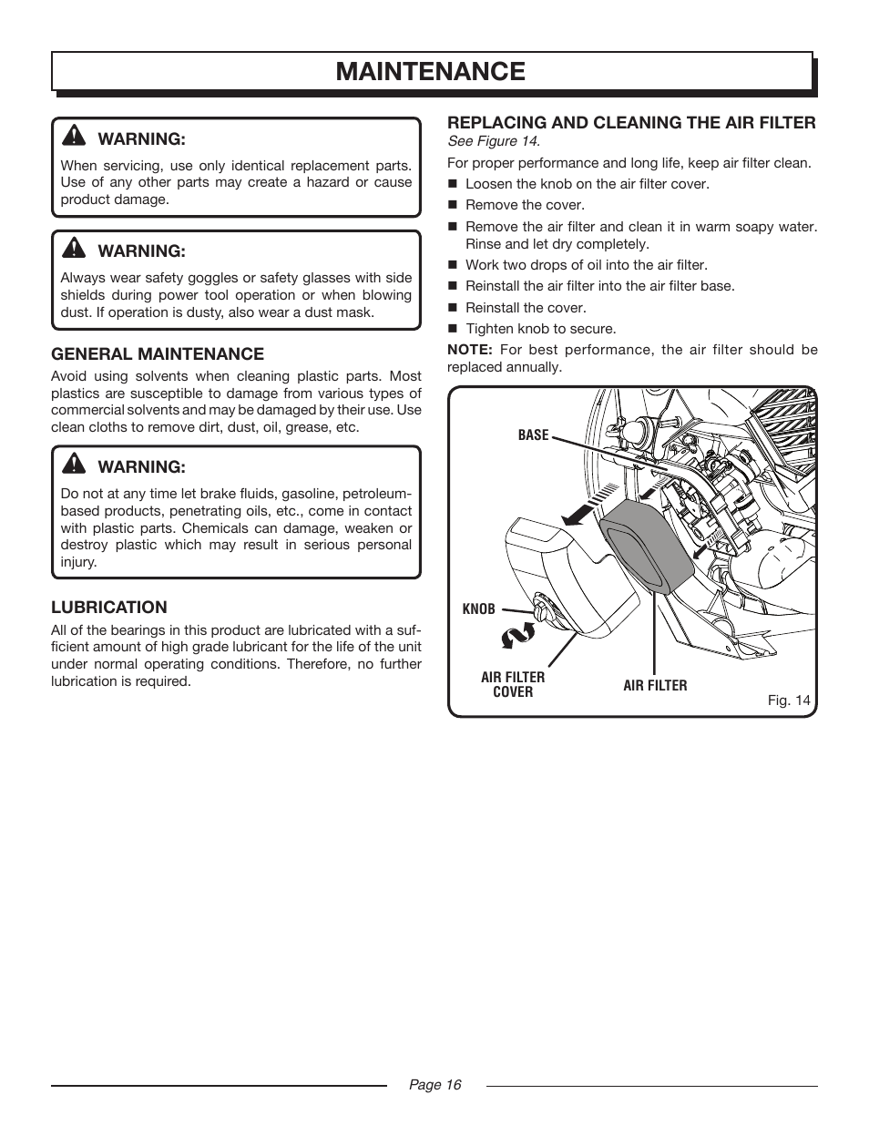 Maintenance | Homelite VAC ATTACK II UT08544 User Manual | Page 16 / 22