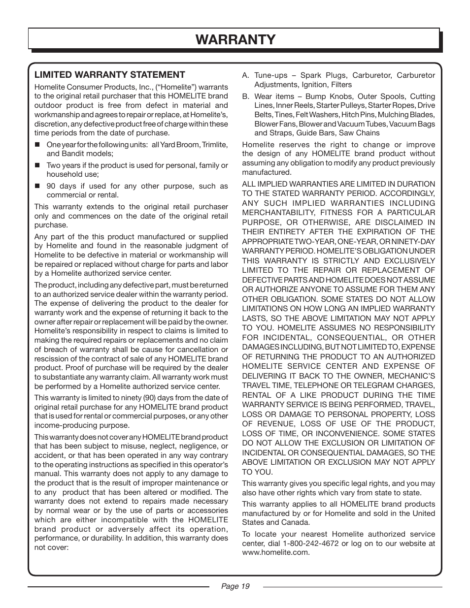 Warranty | Homelite VAC ATTACK II UT08544 User Manual | Page 19 / 22
