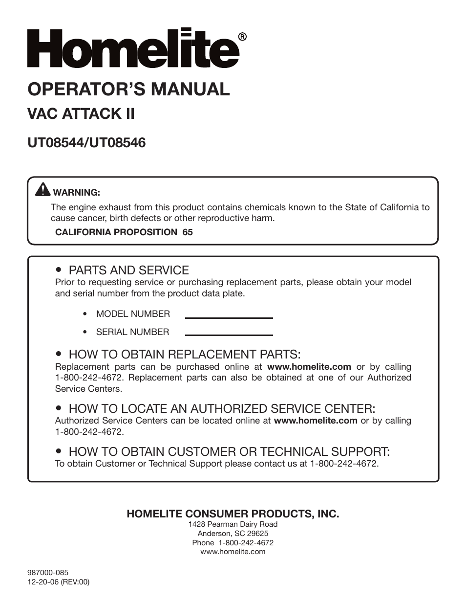Operator’s manual, Vac attack ii | Homelite VAC ATTACK II UT08544 User Manual | Page 22 / 22